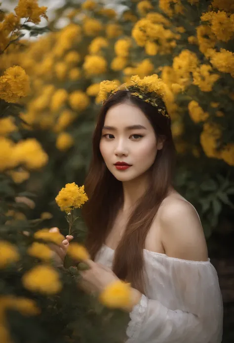 Blooming flowers flutter in the wind，Girl in flowers，Light yellow and silver design，Pay attention to the texture of the skin and flowers，Sony FE 12-24mm F/2.8 gm，Impressionist garden，Proficient in calligraphy，eco-friendly craftsmanship，Brush stroke explora...