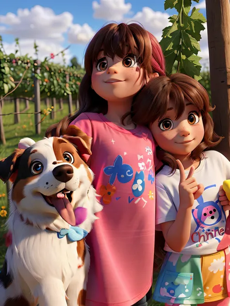 2 children, one 6 years old and one 4 years old, with a red merle Australian shepherd dog, with caramel-colored eyes and a quarter of the left eye and blue, in a vineyard.
the girl on the left is 6 years old and is wearing a pink t-shirt with a colorful um...