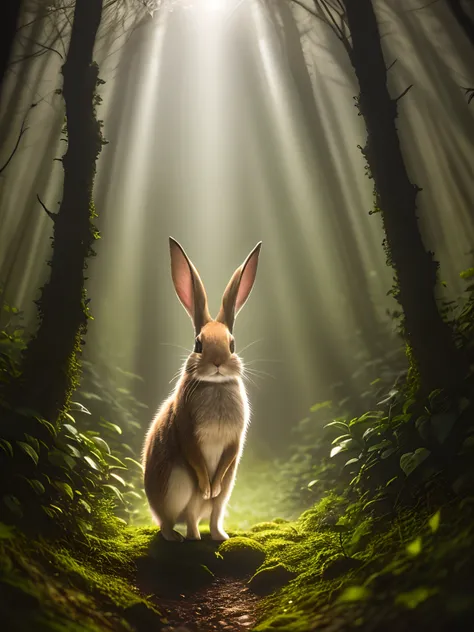 close up photo of a rabbit in enchanted forest, late night, in the forest, backlight, fireflies, volumetric fog, halo, bloom, dr...