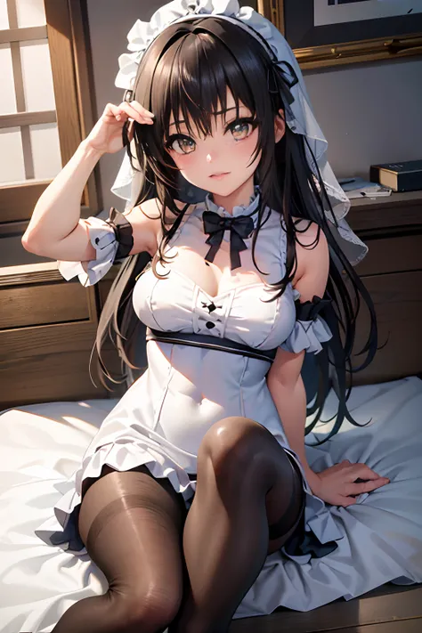 best quality, masutepiece, retrato, , 1girl em, Kotegawa Yui, cabelos pretos, cabelos longos, franja longa, olhos castanhos, Middle udder, ((quarto)), Olhando para o Viewer, sorrir,foto de baixo、((Vestido de noiva))、((knee tights))、((salto alto))、