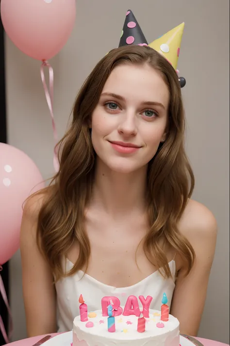 photo of a young woman, birthday party, cake