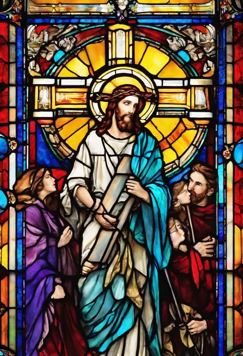 Stained glass window of Jesus carrying the cross on shoulder and talking with people