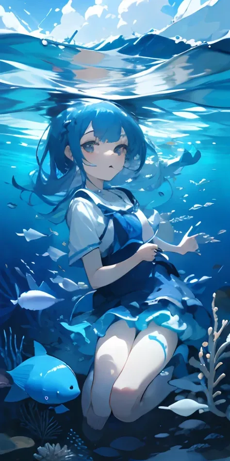 blue colors，water blue，adolable，dopamine，girl，smart，ocean floor