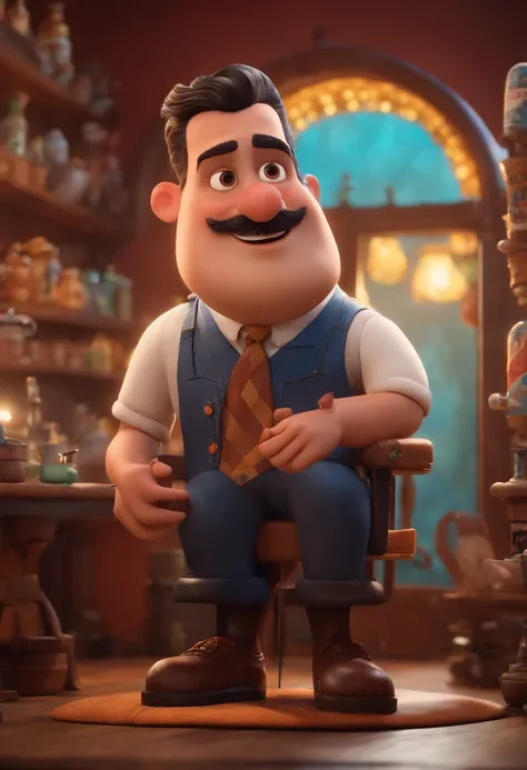 A Dream Barber Inspired by Pixar Animation, de perto. The character takes center stage with captivating facial expressions, oferecendo um toque de irrealidade, Cabelo curto e gordinho gradiente