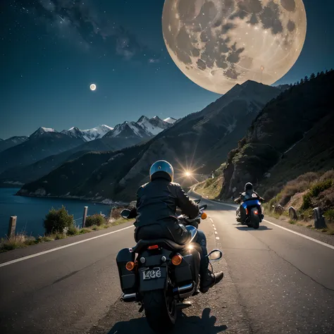 motorcyclists seen from behind going up a winding road over the sea towards a huge, bright moon between the mountains, with their motorcycles, with beautiful mountains in the background, sky with many stars.