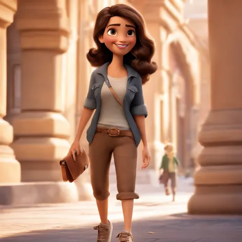 Imagem estilo Disney pixar, uma menina de 15 anos, pele clara, cabelo curto preto encaracolado, sorriso bonito, olhos castanhos, orelha pequena com um pequeno brinco de argola prateado, usando blusa na cor preta, blusa manga curta, Womens brown cargo pants...