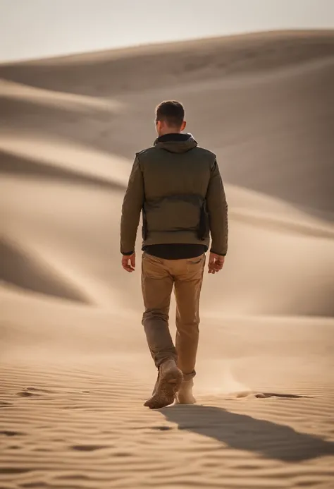 Man walking in the desert, back view, very short hair, dubai en fond, 50m from the camera, high contrast, couleurs chaudes, ultra realist, highly detailed, complicated, mise au point nette, profondeur de champ, Prise de vue moyenne, Hdr, 8k, (hyperrealism:...