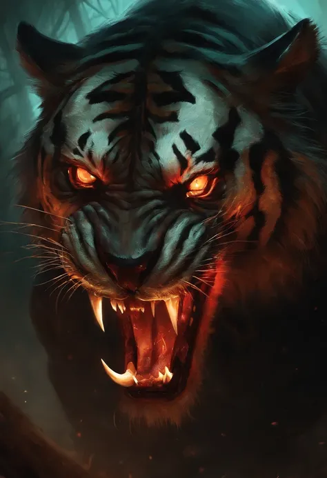 A painting of a humanoid tiger creature with a bloodied fangs, carnage, Sci - Horror Art of Fiction, Science fiction horror artwork, inspired by Aleksi Briclot, tiger, de carnage, Horror fantasy art, par Aleksi Briclot, Horror concept art, venin, Art fanta...