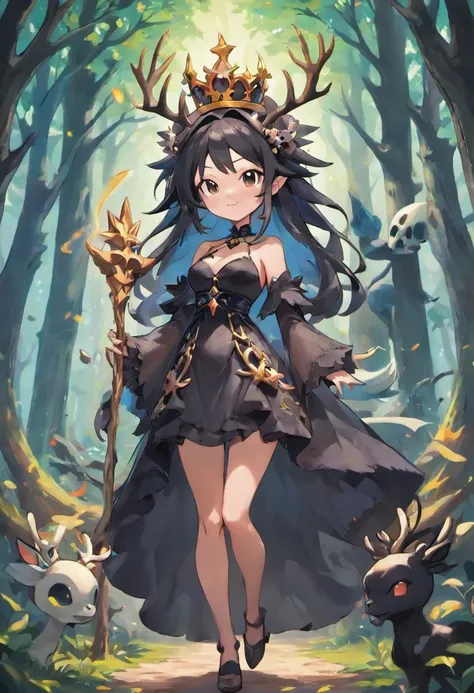 Best quality, ultra-high resolution, 4K detailed CG, masterpiece, tan-skinned, black-haired witch. small bust She wears a black dress and a crown of skulls. He has a deer skull staff with antlers. The witch is standing in an enchanted forest. Gothic art, h...