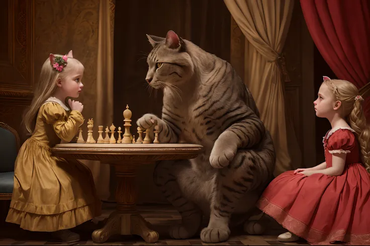 Realistic, photorealistic, RAW photo, ultra detailed, cinematic lighting, (surrealism: 1.2), theater stage with curtain down, 12 years old girl playing chess vs big anthropomorphic cat, they leaned  and look at each other almost touching their heads, detai...