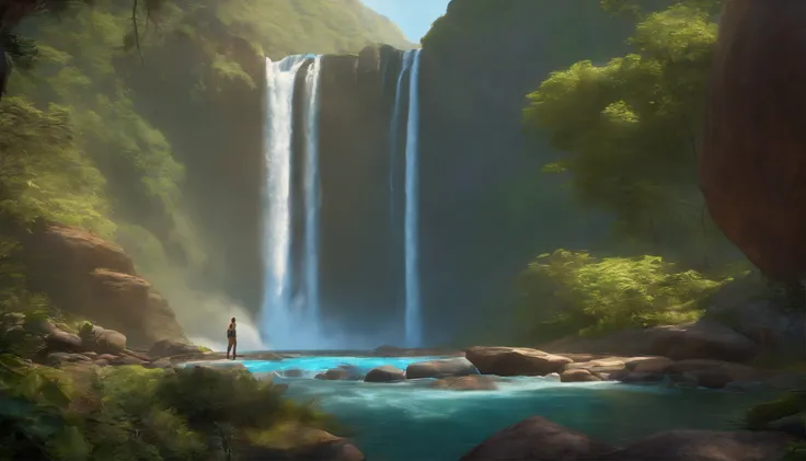 A pathfinder looking at a waterfall inspired by Pixar animation, de perto. The character takes center stage with captivating facial expressions, oferecendo um toque de irrealidade