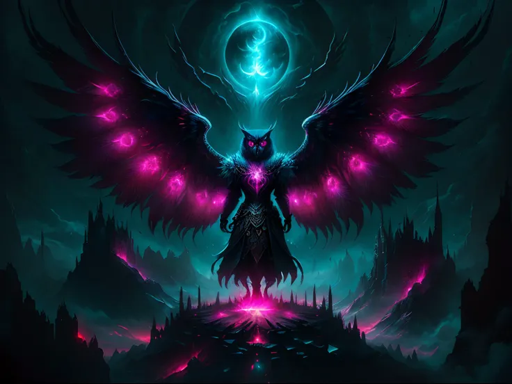 The owl stands in front of the Dark City,Close-up of owl，The face and wings glow, Beautiful and elegant owl, Symmetrical epic fantasy art, dan mumford tom bagshaw, an ominous fantasy illustration, Diablo digital concept art, The head is an owl， Fuchsia fea...