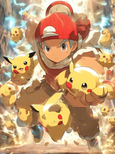 there is a Pokemon character with a red beanie that looks like Bread Bag, pokemon trainer, inspirado em Yugo de Wakfu, inspirado em Ash Ketchum, Akihiko Yoshida!, imagem de anime safebooru, Akiyuki Shinbou, Hidetaka Miyazaki, Yayoi Kasuma, prata, como um p...