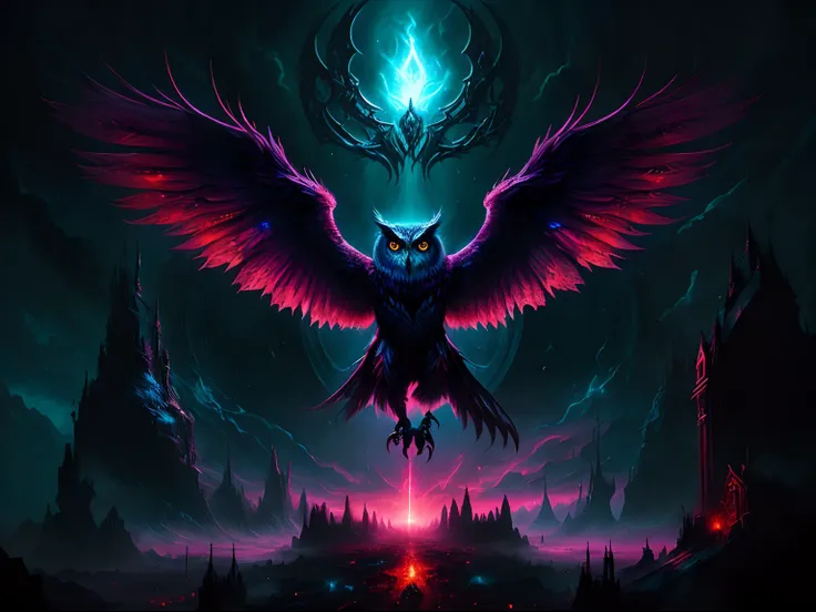 The owl stands in front of the Dark City,Close-up of owl，The face and wings glow, Beautiful and elegant owl, Symmetrical epic fantasy art, dan mumford tom bagshaw, an ominous fantasy illustration, Diablo digital concept art, The head is an owl， Fuchsia fea...