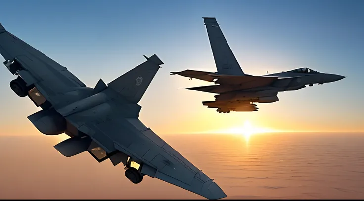 Film still action movie, F35 in an aerial combat firing missiles at enemy’s fighter jets and explosions ocurring, on the middle east, high angle, golden hour, dynamic movements, low saturated color, taked by Arri Alexa 65, directed by Michael Bay, style ra...