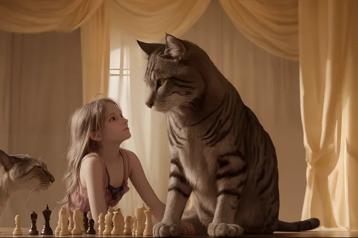 Realistic, photorealistic, RAW photo, ultra detailed, cinematic lighting, (surrealism: 1.2), theater stage with curtain down, 12 years old girl playing chess vs big anthropomorphic cat, they leaned  and look at each other almost touching their heads, detai...