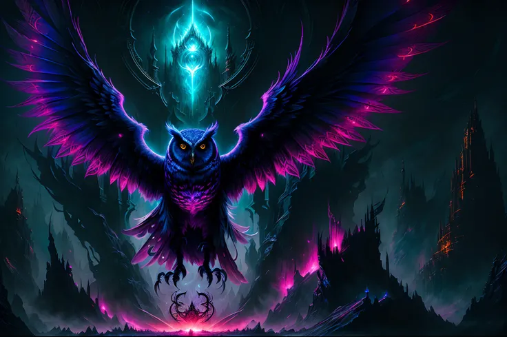 The owl stands in front of the Dark City,Close-up of owl，The face and wings glow, Beautiful and elegant owl, Symmetrical epic fantasy art, dan mumford tom bagshaw, an ominous fantasy illustration, Diablo digital concept art, The head is an owl， Fuchsia fea...