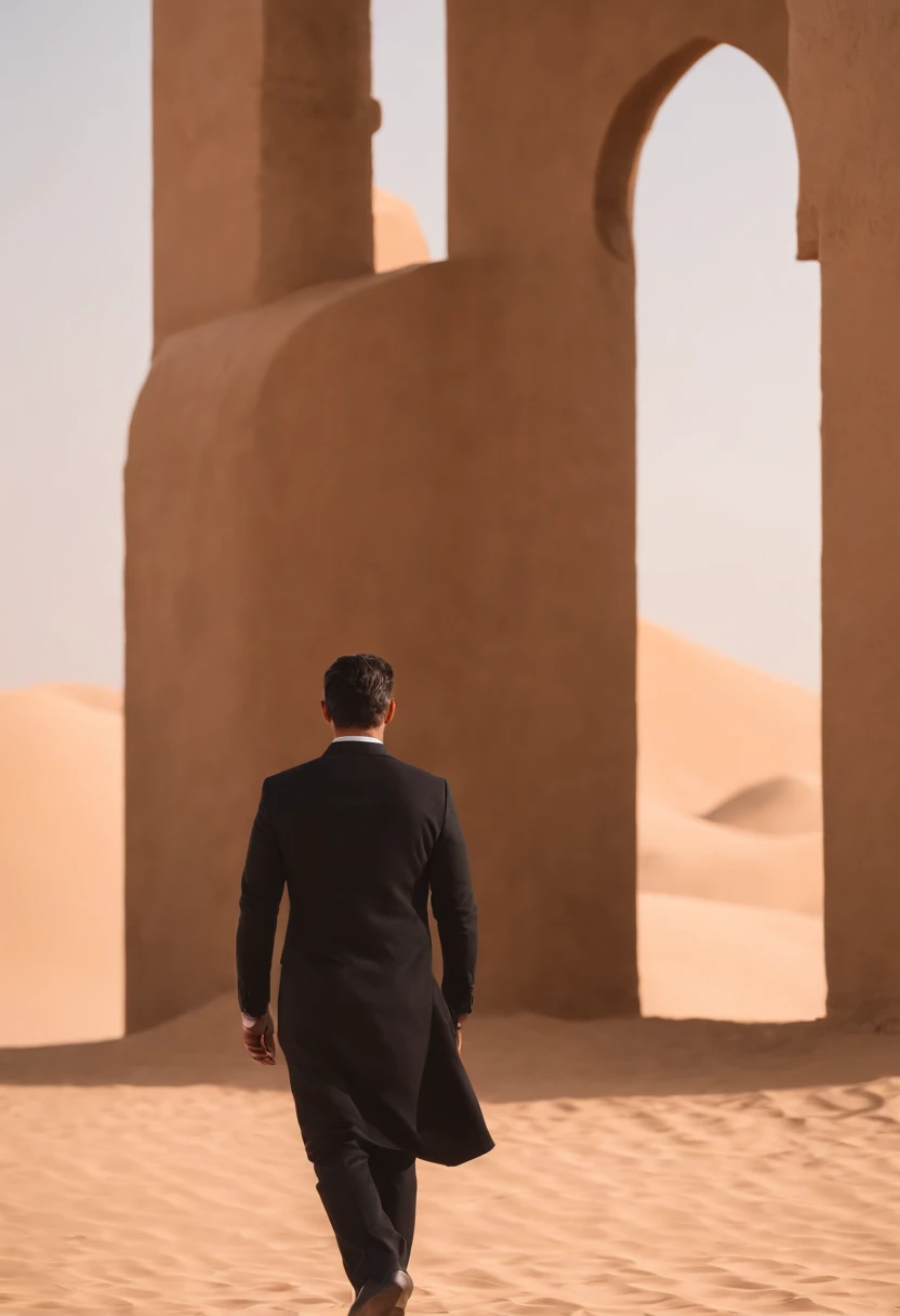 Man walking in the desert, back view, very short black hair, dubai en fond, 50m from the camera, high contrast, couleurs chaudes, ultra realist, highly detailed, complicated, mise au point nette, profondeur de champ, Prise de vue moyenne, Hdr, 8k, (hyperre...