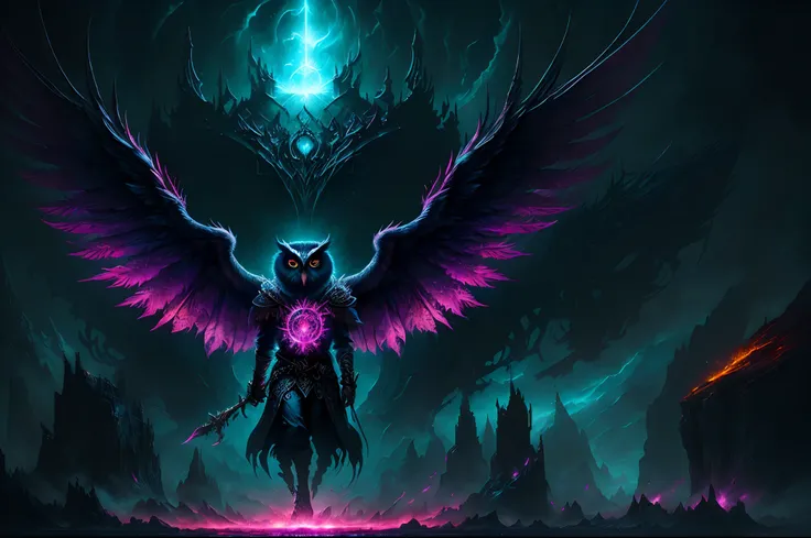 The owl stands in front of the Dark City,Close-up of owl，The face and wings glow, Beautiful and elegant owl, Symmetrical epic fantasy art, dan mumford tom bagshaw, an ominous fantasy illustration, Diablo digital concept art, The head is an owl， Fuchsia fea...