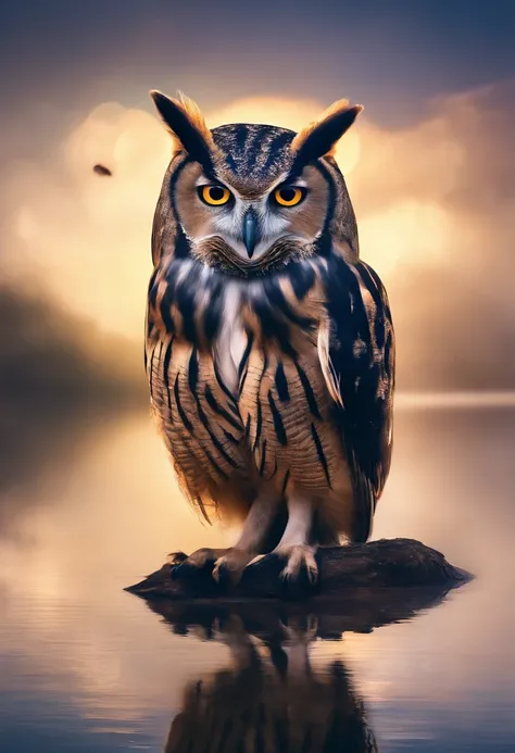 The owl caught a mouse，Fly over the water，inverted image，Sharp focus，Bokeh，depth of fields，Works of masters，super-fine，Hyper-realistic，8K，Best picture quality，Detailed description，电影灯光，cinematic perspective