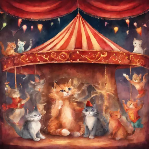 Cat Circus Troupe　Fantastic atmosphere　Picture book illustrations　watercolor paiting　Overall, the color is strong red