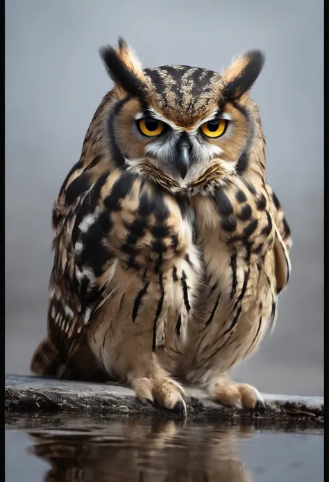 The owl caught a mouse，Fly over the water，inverted image，Sharp focus，Bokeh，depth of fields，Works of masters，super-fine，Hyper-realistic，8K，Best picture quality，Detailed description，电影灯光，cinematic perspective