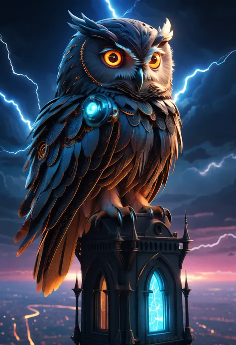 On the spire of the Gothic tower sits a mechanical owl，Close-up of owl， Neon wings,The background is lightning, radiant owl, glowing owl, 4K highly detailed magical digital art, Highly detailed fantasy digital artwork, Epic surrealist digital art illustrat...