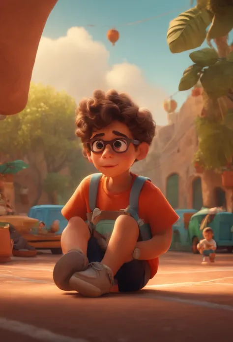 Image of a boy for a story in a YouTube video in Pixar format, Hes the little one,Hes outgoing, Playful and gets up for a lot of things. Ele tem cabelos escuros e usa oculos redondos.