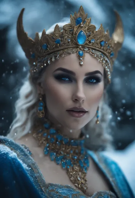 Blue skin color as avatar movie, Mujer de cabello blanco vestida con un traje con cuernos y una corona, Reina del hielo y la tormenta, Bruja de hielo, Reina de Hielo, Hermosa bruja de escarcha antigua, Ne zha de Smite |, Reina del inframundo, La Reina de H...