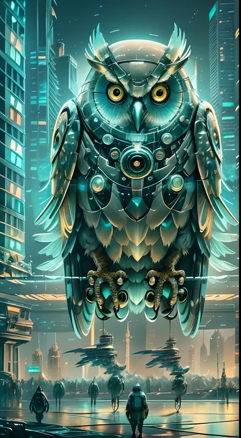 translucent ethereal mechanical owl，the king of futuristic owls，mechanical wings，futuristic urban background，beautiful sci-fi ar...