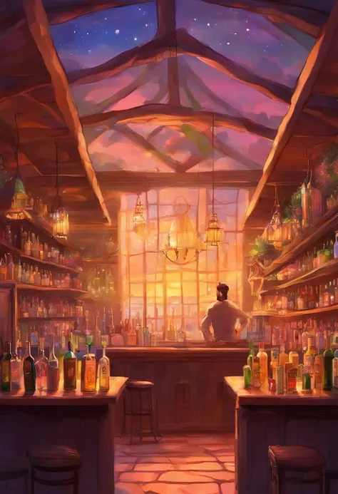 (a bar counter, estilo mineiro, warm lighting, A bottle of cachaça stands out on the counter), (On the bottle it says "Fabulous Cachaça") Behind the counter, uma prateleira com bebidas diversas.