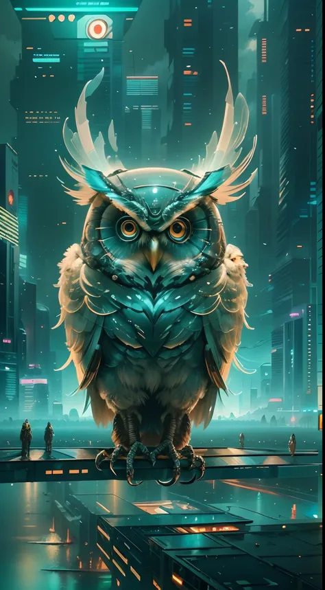 translucent ethereal mechanical owl，the king of futuristic owls，mechanical wings，futuristic urban background，beautiful sci-fi ar...