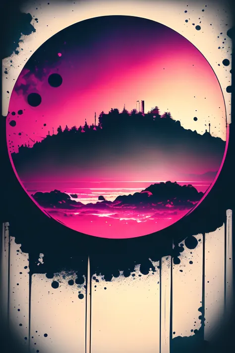 Circular design for a T-shirt, circular frame, (La mejor calidad,4k,8k,Altas Resoluciones,Obra maestra:1.2),Ultra detallado,(realista,fotorrealista,fotorrealista:1.37),neon, Synthwave, retro,Paisaje,Tonos de color suaves,Soft lighting