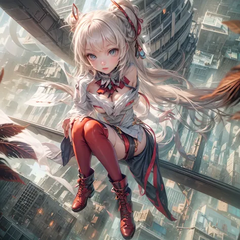 (SFW, NSFW_STILL_SHOW), Oppai-Loli、((wide-angle, Flying Magic、Floating hair、Floating in the air, Curved horizon, Overlooking a city eroded by the jungle,Above the city)), { (Mystic sight)| best quality | 8k | clear |focused } (Masterpiece:1.2, photo-realis...