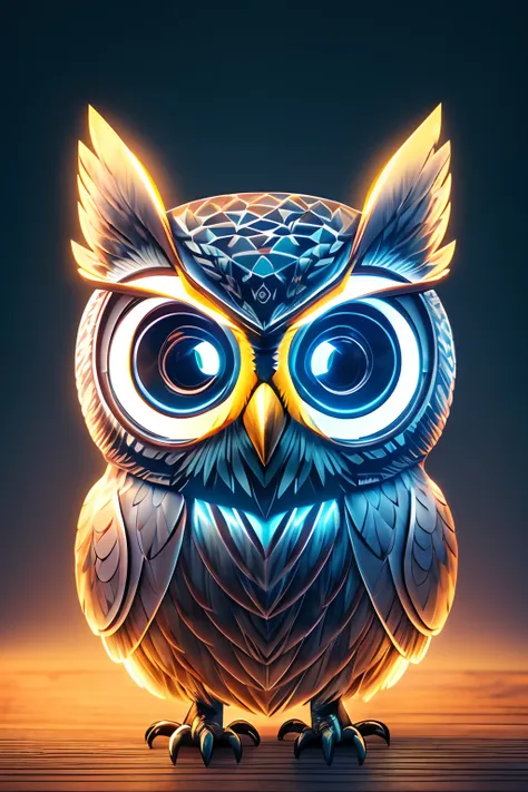 There was a little owl sitting on the table, glowing owl, radiant owl, Glowing bald eagle, Surreal robot owl, glowing owl, owl wizard, Portrait of a geometric owl, Mechanical owl, Detailed digital 3D art, cute owl, trend on behance 3d art, trend on behance...