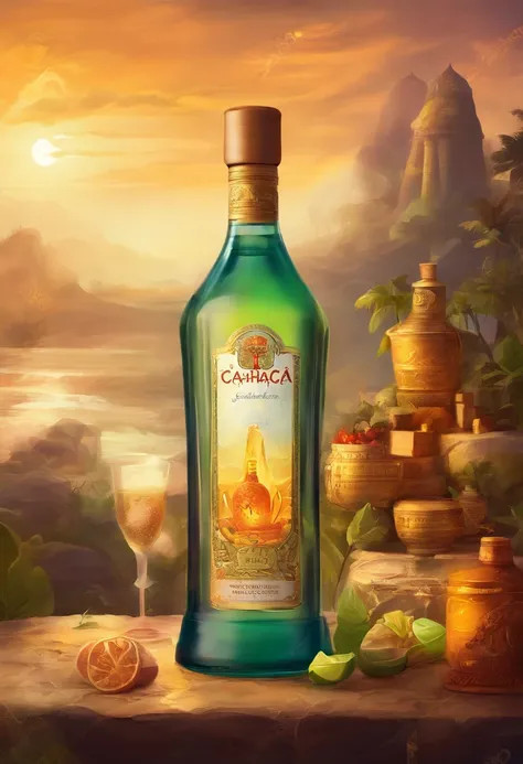 (A bottle of cachaça stands out on the counter), (bar counter, estilo mineiro, warm lighting ) (On the bottle it says "Fabulous Cachaça") (Highlight the label in the image)