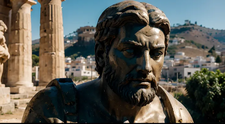 Ancient Stoic Statue With Very Angry Expression, tem barba, muitos detalhes em ambos os olhos, Outside, fundo atenas grego, open sky, com rosto extremamente detalhado full body view, Colors with low saturation with dark tone, Filmado em Sony A7S III com So...