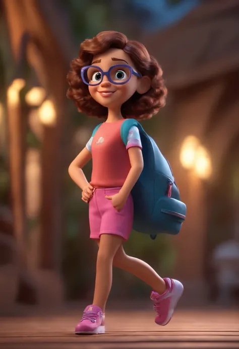 Cartoon character of a 9-year-old brunette girl with pink glasses and a wedleg pants with a pink altar, cabelo longo e encaracolado , animation character, Caractere estilizado, animation style rendering, 3D estilizado, Arnold Maya render, 3 d render styliz...