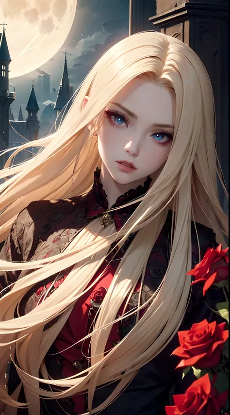 masterpiece, highest quality, (solo focus), (perfect face:1.1), (high detail:1.1), (hyper detailed eyes), dramatic, 1guy, (Pale skin), long blonde hair, (red irises), individual focus, Vampire, long hair, moon, night, Red luxury suit, pouty lips, castle, d...