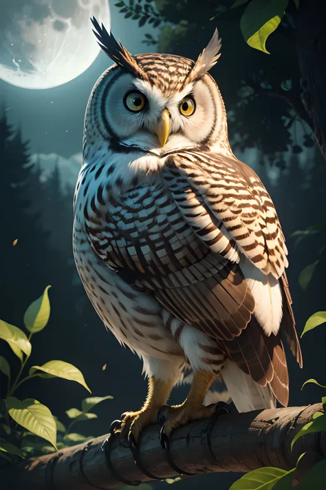 owl , Colorful textures，The tree，a moon