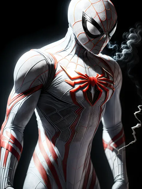 Close-up (White Spiderman suit made of white stripes like a mummy from Marvel in Goth style: 1.3) scary castle , extremely detailed, smoke, sparks, flying debris, volumetric light