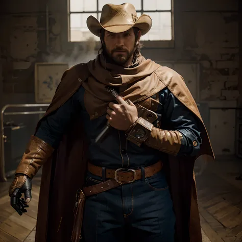 Robot gunslinger with a screen face with an extra set of arms that have gun hands, and is wearing a cowboy hat and leaher cape