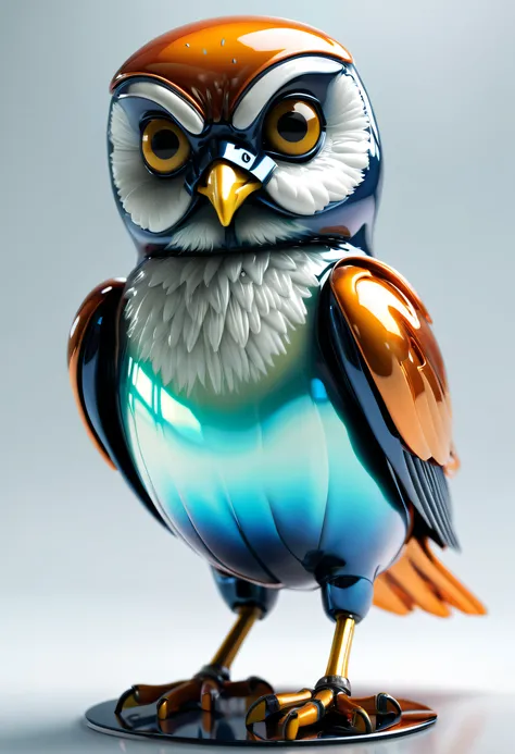 (Hooters:1.8)，A bird，Nocturnal birds，metalictexture，Retro cyberpunk，ultra-realistic realism，The Arthur effect, Transparent body, Gradient translucent glass melt, Caustics, transparent glass texture, Irridescent color, Designed by Dietrams, Simple, Glows in...