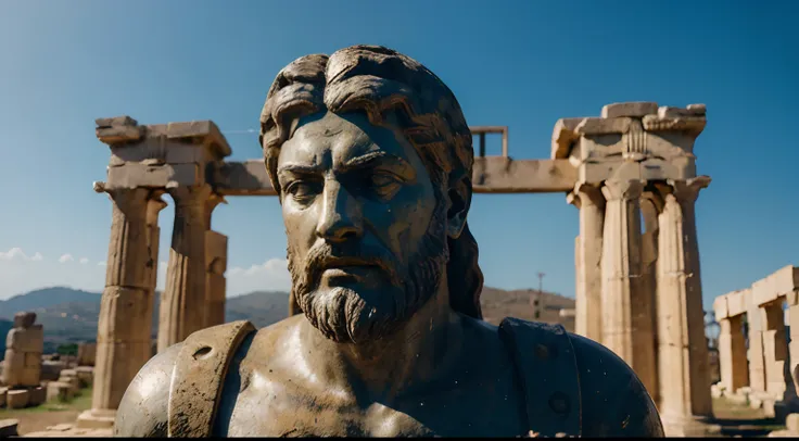 Ancient Stoic Statue With Very Angry Expression, tem barba, muitos detalhes em ambos os olhos, Outside, fundo atenas grego, open sky, com rosto extremamente detalhado full body view, Colors with low saturation with dark tone, Filmado em Sony A7S III com So...