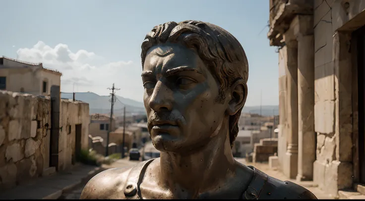 Ancient Stoic Statue With Very Angry Expression, tem barba, muitos detalhes em ambos os olhos, Outside, fundo atenas grego, open sky, com rosto extremamente detalhado full body view, Colors with low saturation with dark tone, Filmado em Sony A7S III com So...