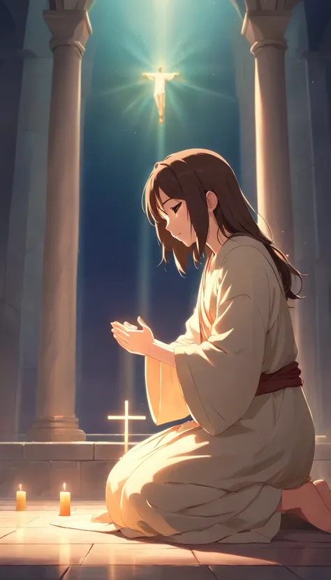 "Criar uma imagem de Jesus no perfil, depicted in the act of prayer with hands clasped."