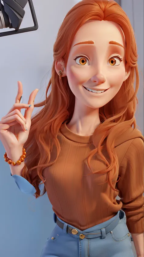 Skinny woman with orange hair and doing number 2 with her hand