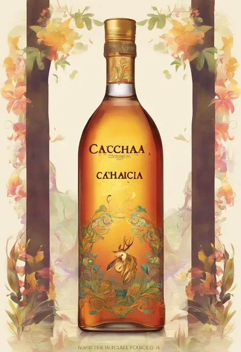 A bottle of Cachaça, On it is written: Fabulous Cachaça. 4 temas, 1 dia, 1 tarde, 2 noites. Focus on the Bottle of Cachaça with the label written on it: Fabulous Cachaça