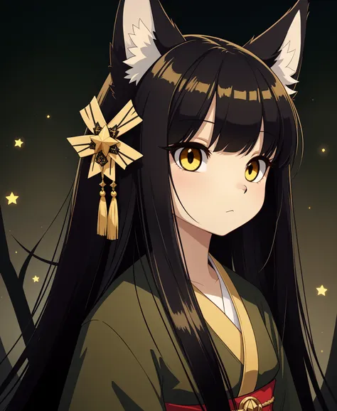 (best quality) ((extremely detailed)), bright black hair and yellow eyes, long hair, big eyes, star-shaped eyes, classic style, classic fashion, hair ornament, wolf ears, Japanese style atmosphere, mysterious background, Olive and black color scheme