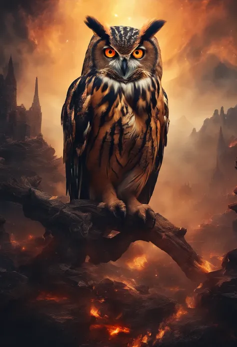 A doomsday scene，Huge owls stand on the ruins of the city，Collapsed buildings，Rubble blocks，fire glow，dense smoke，waterface，inverted image，Sharp focus，Bokeh，depth of fields，Works of masters，super-fine，Hyper-realistic，8K，Best picture quality，Detailed descri...